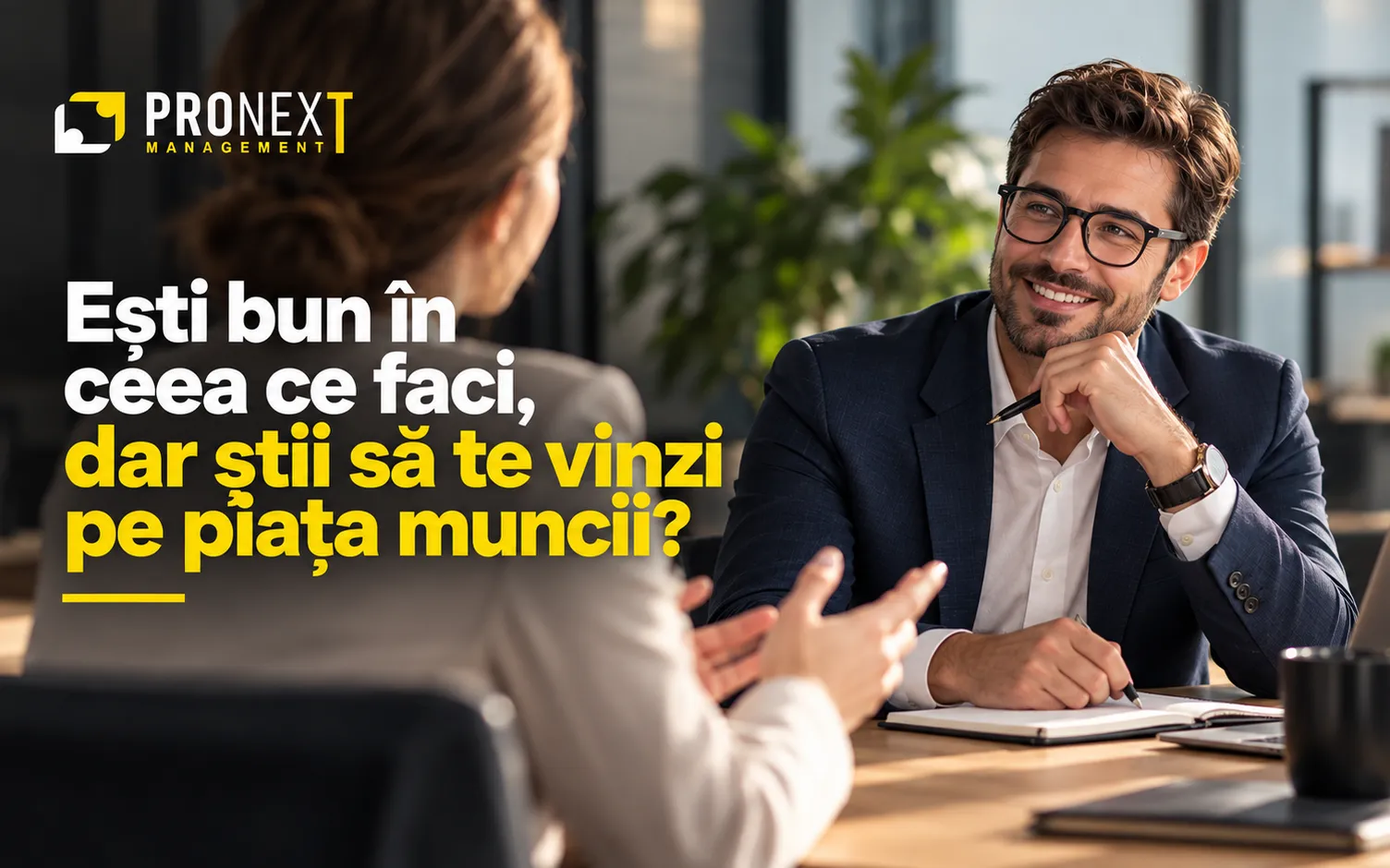 Profesionist zâmbind într-o discuție de interviu, cu textul: Ești bun în ceea ce faci, dar știi să te vinzi pe piața muncii?
