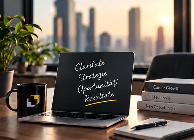 Birou cu laptop pe care scrie Claritate, Strategie, Oportunități, Rezultate